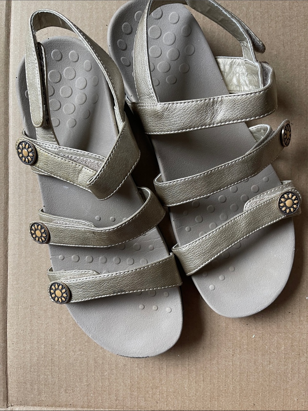 Vionic Gold Leather Multi‑Strap Sandals with Decorative Studs